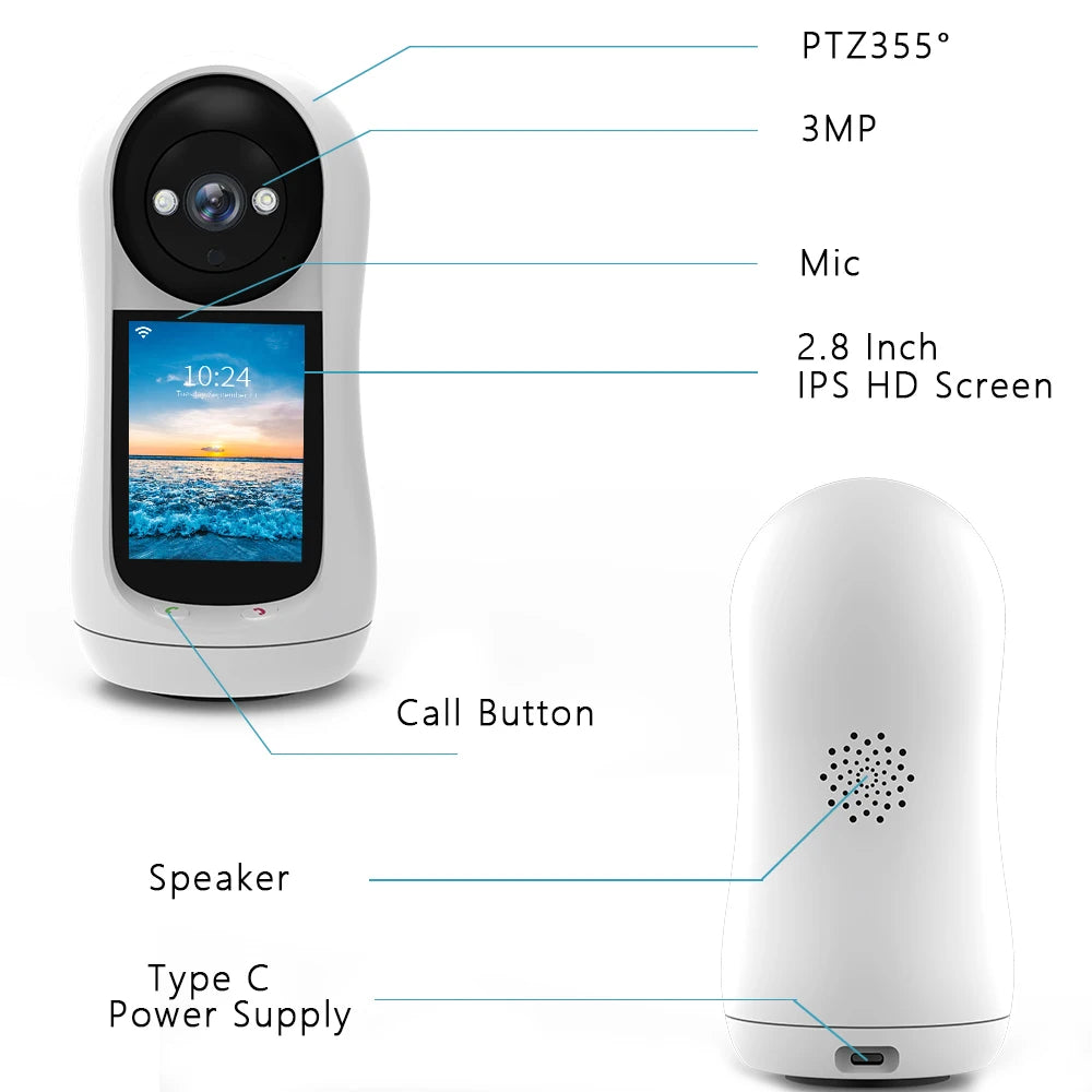 BESDER 3MP PTZ WiFi Camera Baby Monitor - Video Call Feature with 2.8 Inch IPS Screen, Sound Detection, Security IP Camera via iCSee