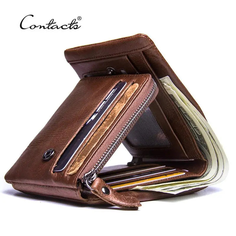 CONTACT'S Genuine Crazy Horse Leather Trifold Wallet – Vintage Men's Cowhide Wallet with Zip Coin Pocket