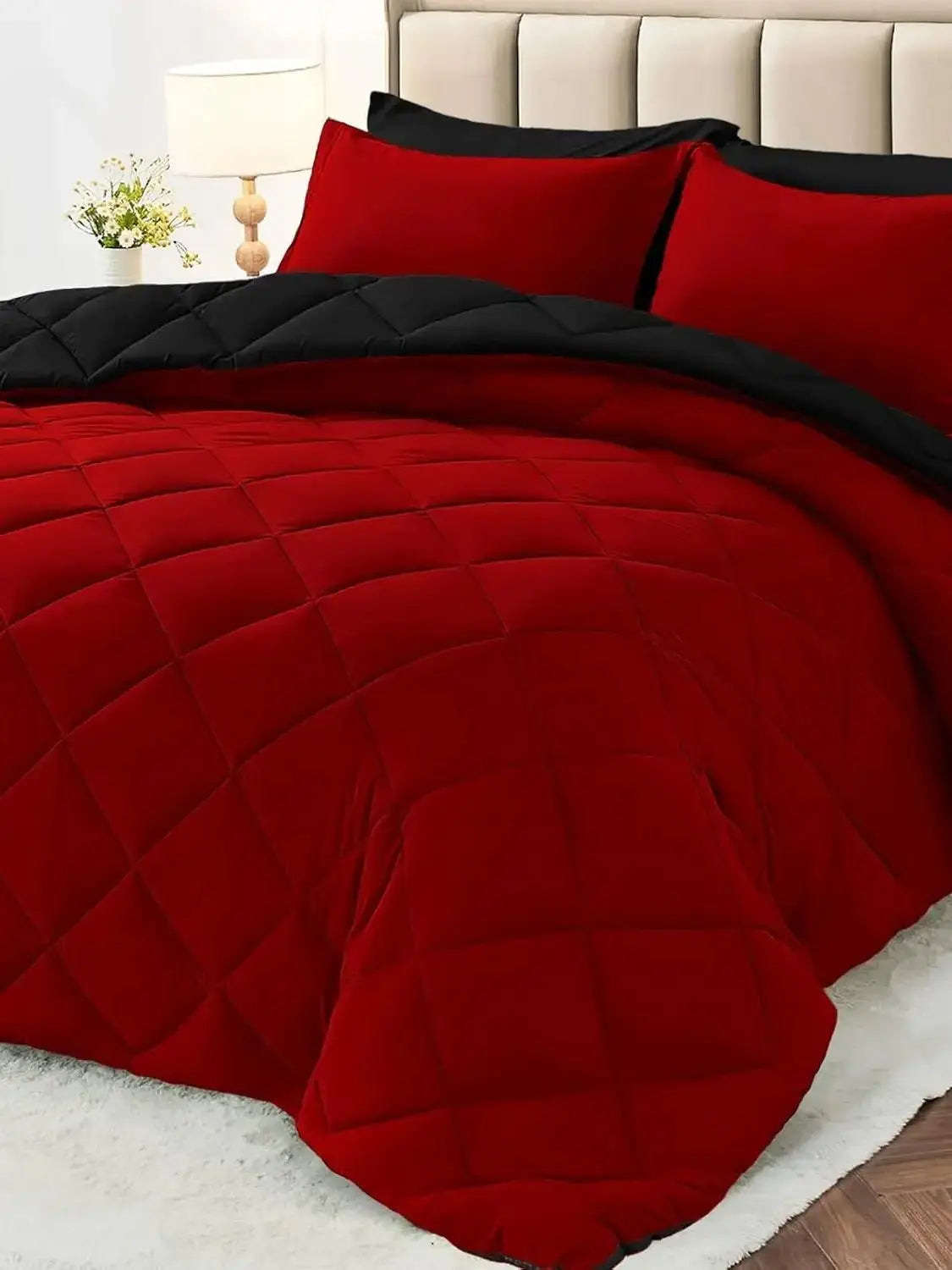 Reversible Queen/King Comforter Set β All-Season Bedding with Ultra-Soft Comforter & Pillow Shams, Red & Black
