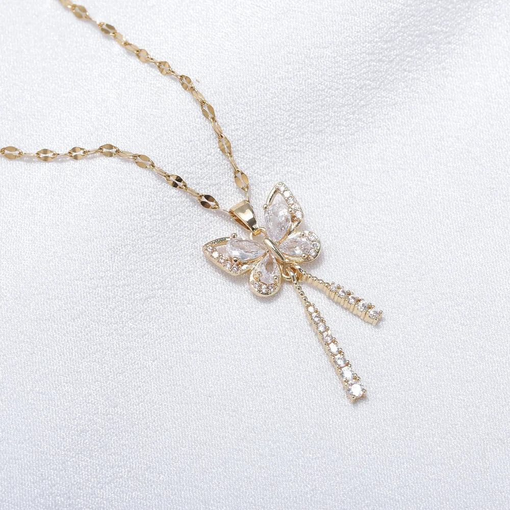 Exquisite Micro Inlaid Zircon Butterfly Tassel Necklace – Titanium Steel, Perfect Gift for Fashion-Forward Women