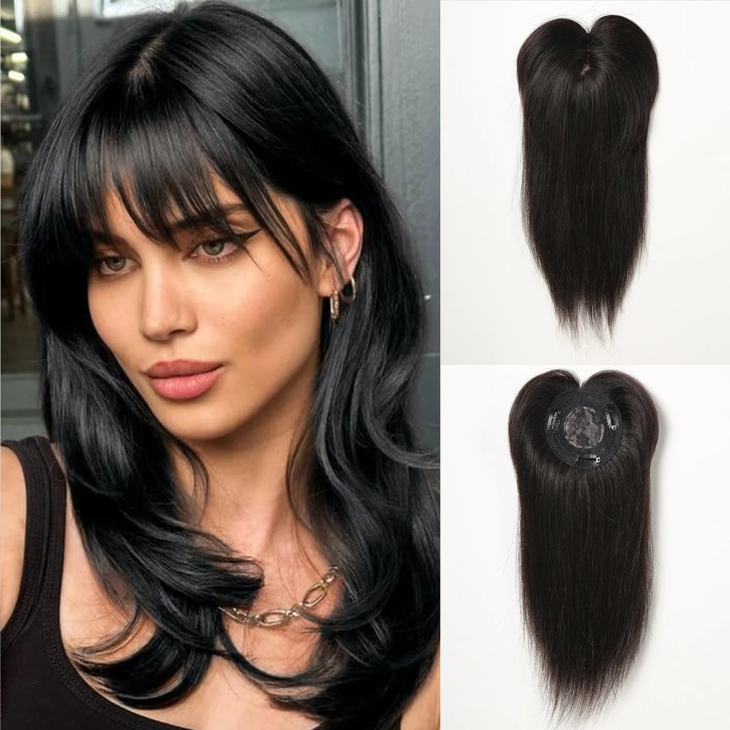 Brown Blonde Ombre Human Hair Toppers for Women β 10/12/14 Inches with Silk Base, Clips, and Bangs