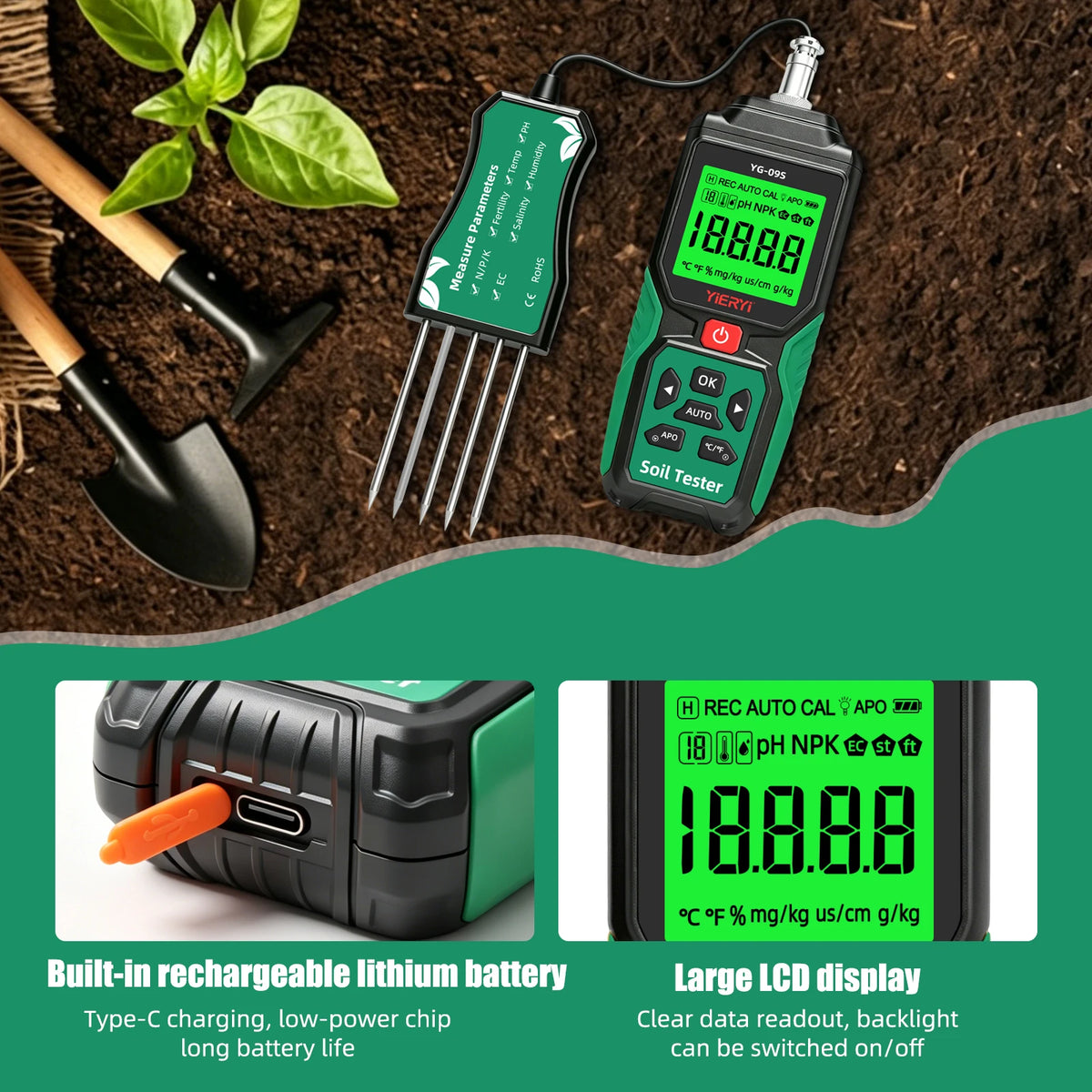 YIERYI 9-in-1 Soil Tester - Digital NPK, pH, EC, Moisture, Temperature & Salinity Analyzer for Garden & Plants
