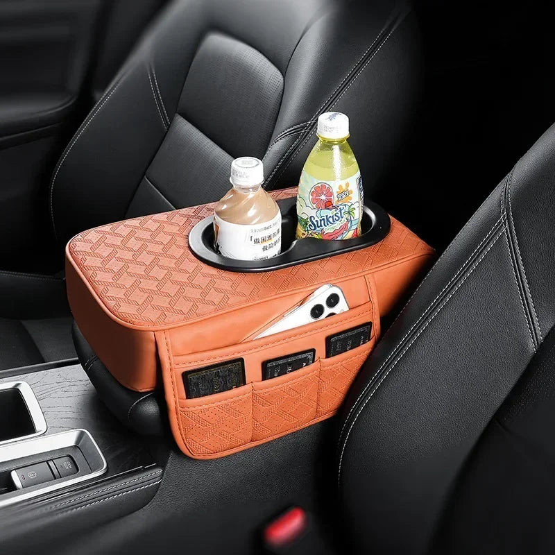 Universal Car Center Console Organizer Armrest Cover – Thickened Storage Pad with 2 Side Pockets & Dual Cup Holders for Cars & SUVs