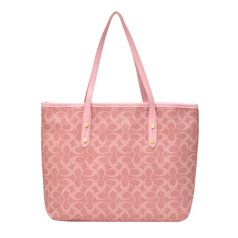 Classic Monogram Tote Bag - Large Capacity Canvas Shoulder Handbag with PU Trim for Women, Work & Shopping