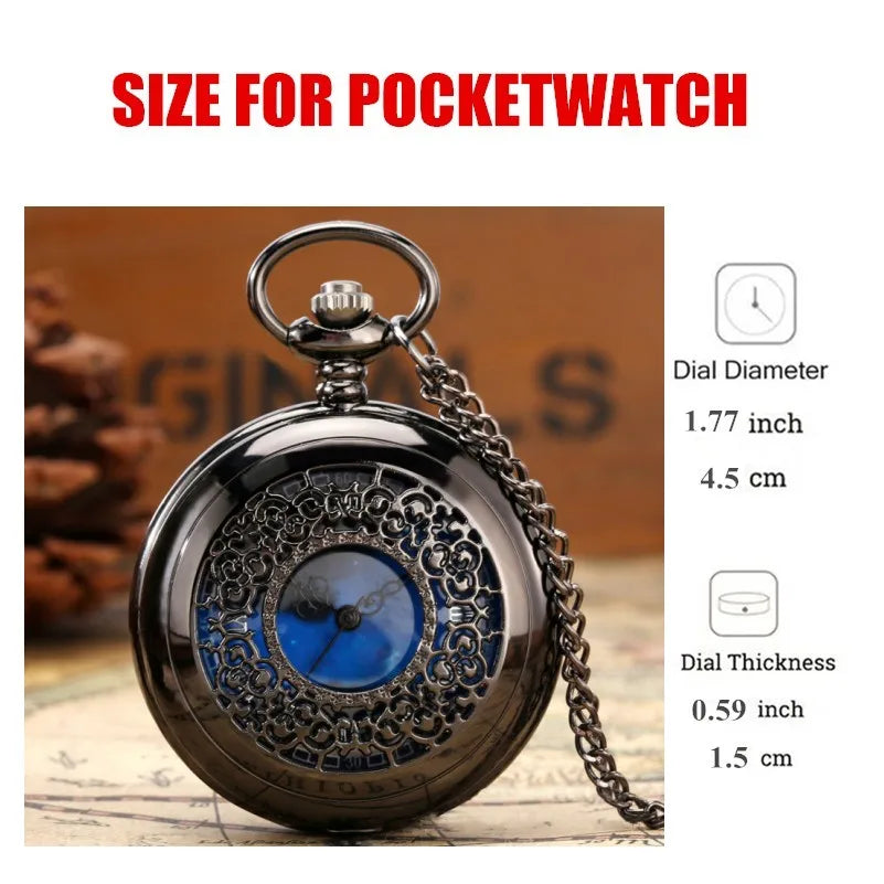 Starry Blue Dial Quartz Pocket Watch - Black & Silver Hollow Pendant Watch with Roman Numerals for Men, Women & Kids