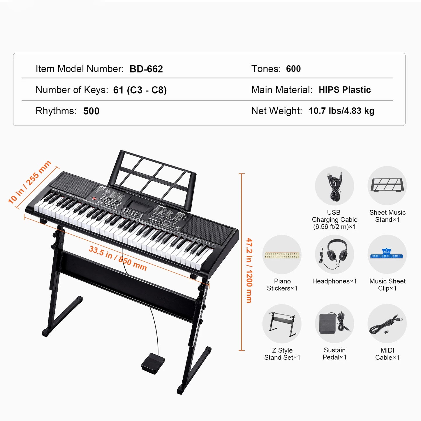61 Key Digital Piano Keyboard - Portable Electric Piano with Multiple Tones & Rhythms for Beginners