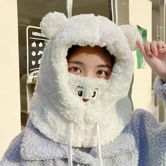 Winter Cartoon Bear Lamb Hat with Mask β Thickened Warm Beanie with Ear Protection for Women & Girls