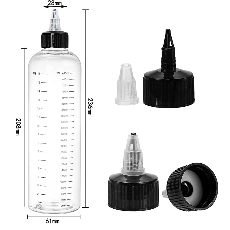 30ml-500ml Empty Hair Dye Bottles — Measured Twist Cap Refillable Squeeze Containers