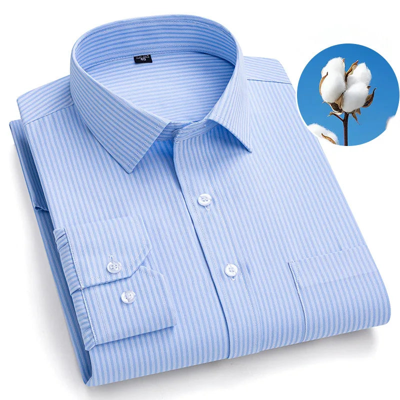 Men’s Plaid Stripe Long Sleeve Shirt - Casual Business Formal Office Shirt with Single Pocket for All Seasons