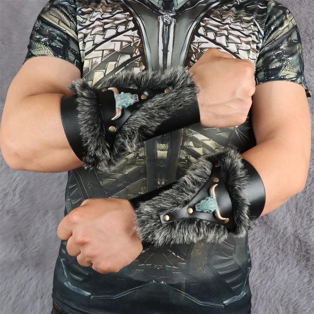 Medieval PU Leather Armor Arm Warmers – Fur Trim Bracer, Lace-Up Viking Knight Gauntlet Wristband Cosplay Props