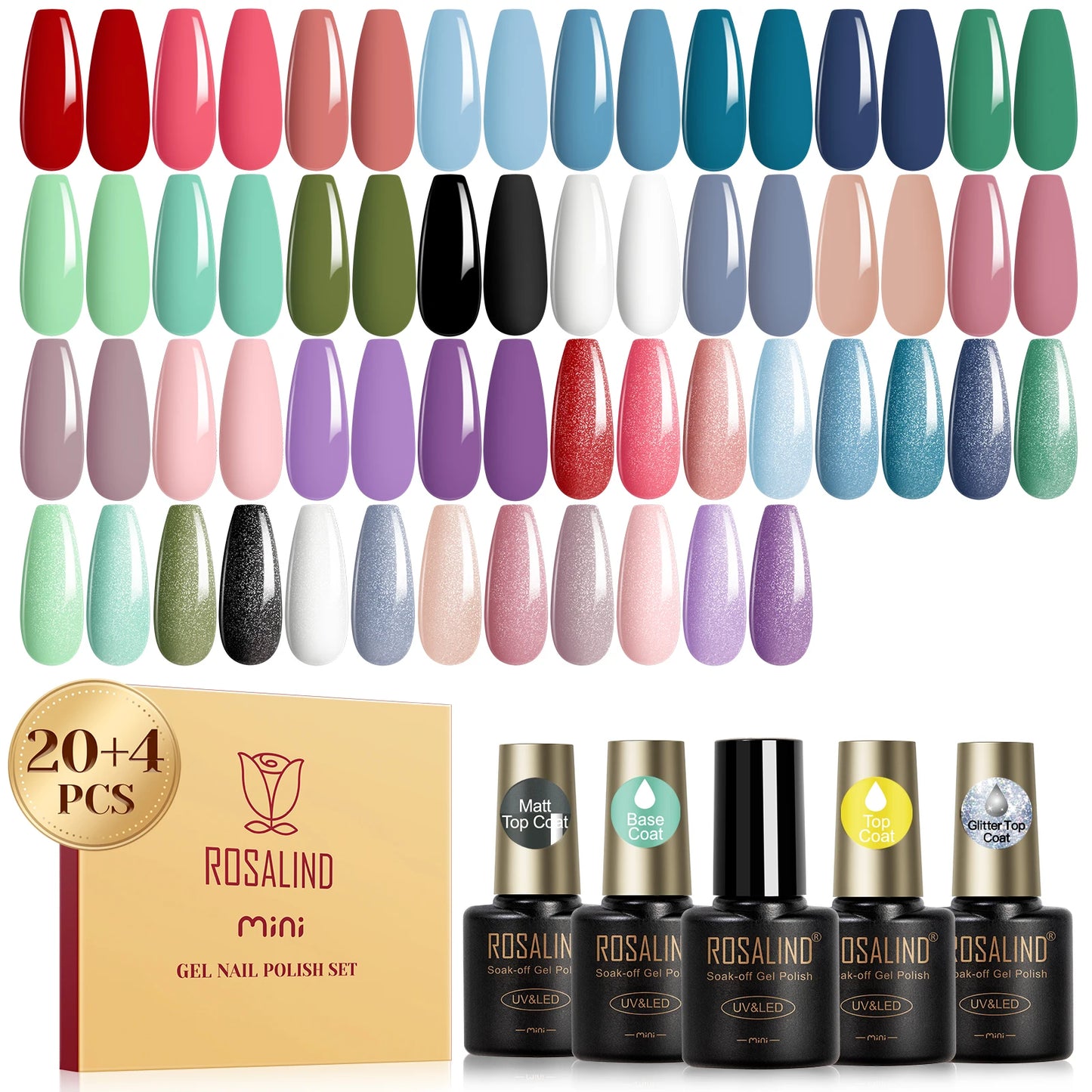 ROSALIND 24PCS Gel Nail Polish Set with Base & Top Coat – Long-Lasting Soak Off Nail Gel Kit
