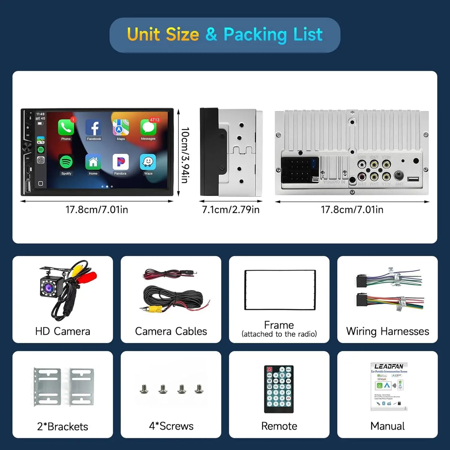 7" Double DIN Car Stereo - Wireless Apple CarPlay & Android Auto Touchscreen Radio