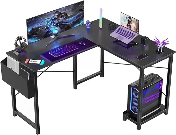 L-Shaped Computer Desk – Wooden Corner Gaming Table with Side Storage Bag for Home Office, Small Spaces, White