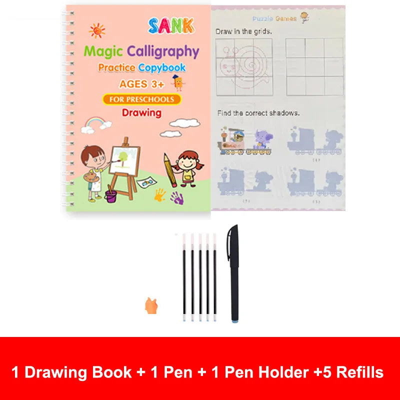 4-Piece Magic Practice Copybook Set with Pen β Reusable English Calligraphy Writing Book for Kids & Preschoolers