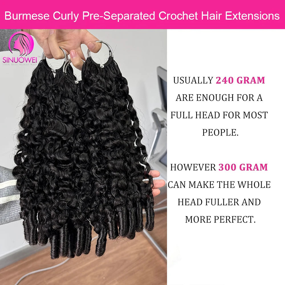 Burmese Curly Human Hair Extensions - 12A Natural Black Pre-Separated Feather Crochet Hair