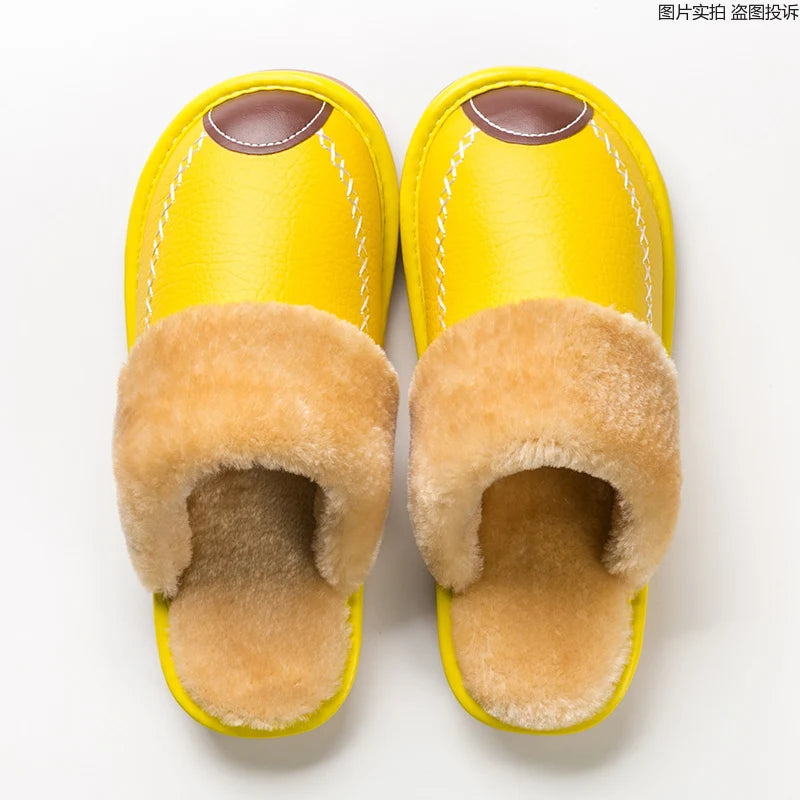 Men’s Winter Leather Slippers — Waterproof, Thick Velvet Cotton Indoor Home Shoes, Warm Bedroom Footwear
