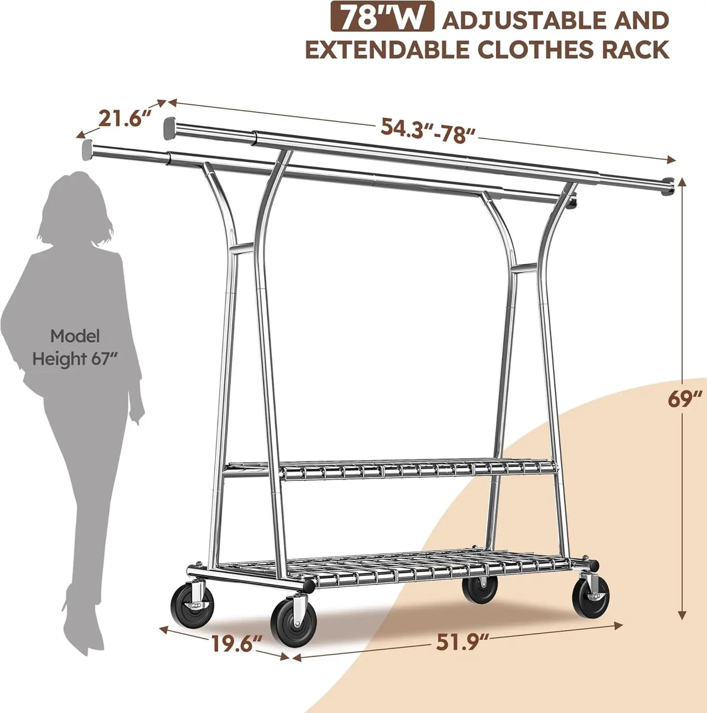 Heavy Duty 78" Rolling Clothes Rack with Shelves – Holds Up to 650LBS, Garment Rack for Hanging & Storage