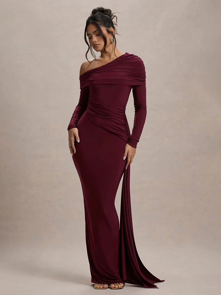 Mozision Women’s Long Sleeve Maxi Dress – Sexy Backless Draped Ruched Bodycon Gown, Skew Collar Elegant Club Dress