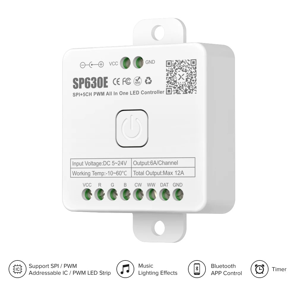 SP630E All-in-One LED Controller 5CH PWM SPI, RGB/RGBW/CCT Music Sync Bluetooth, Compatible with WS2812B WS2811 SK6812 FCOB 5050 5V–24V LED Strip