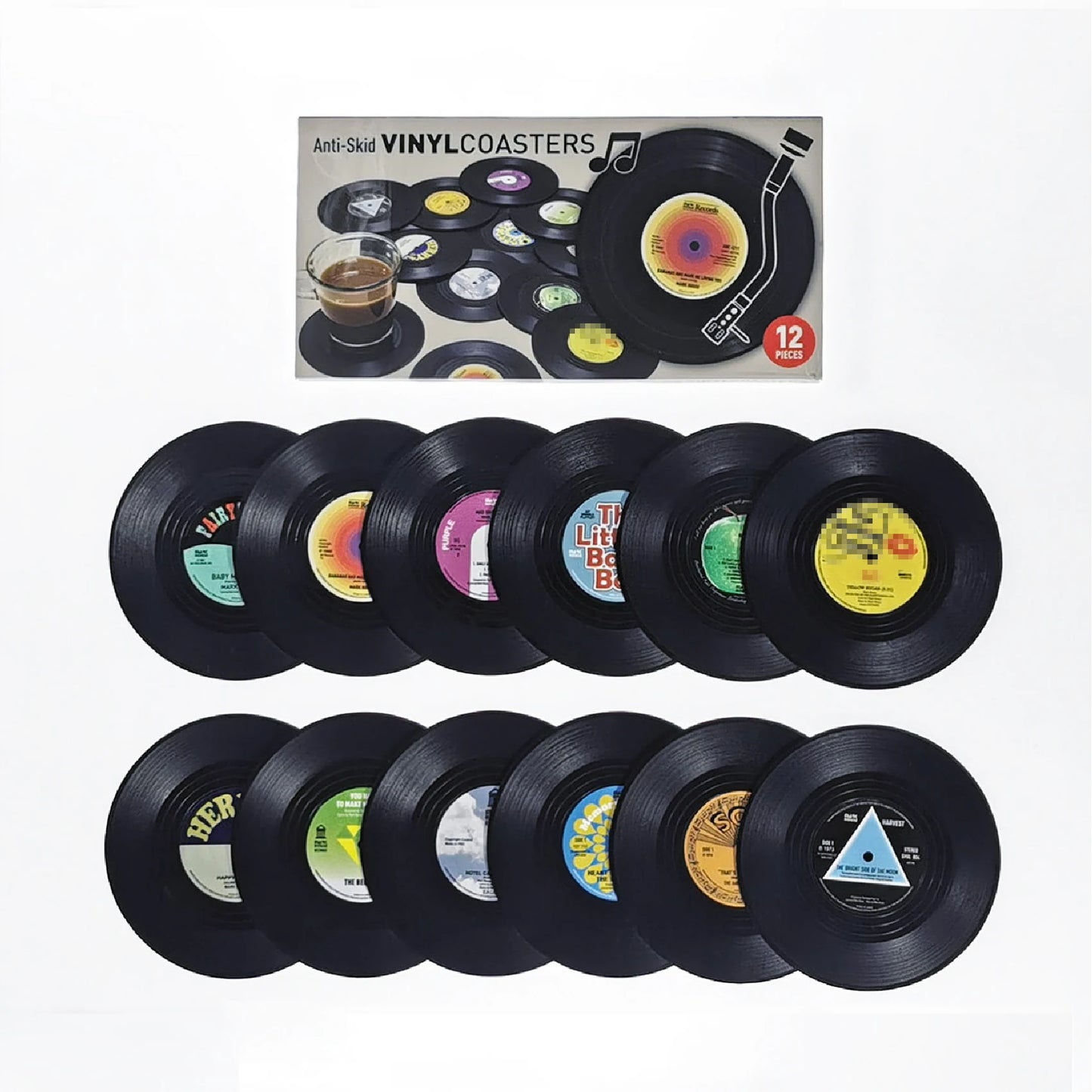 Set of 6 Vinyl Coasters β Retro Music Coasters with Vinyl Record Player Holder | Creative Record Disk Mug Pad Mat for Drinks