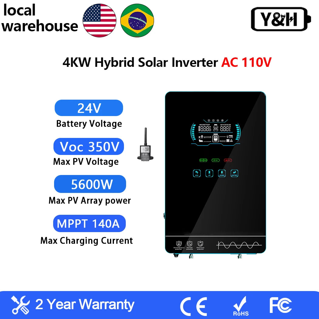Y&H 3.6/4kW Hybrid Solar Inverter 24V β Pure Sine Wave with 120A MPPT Controller, UL1741 Certified