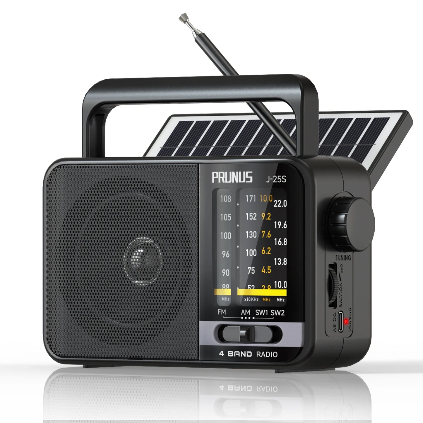 J-02S Portable AM/FM/SW Radio β Dual Antenna Solar Rechargeable 1800mAh Battery, Bluetooth Music Player for Outdoor Emergency Use