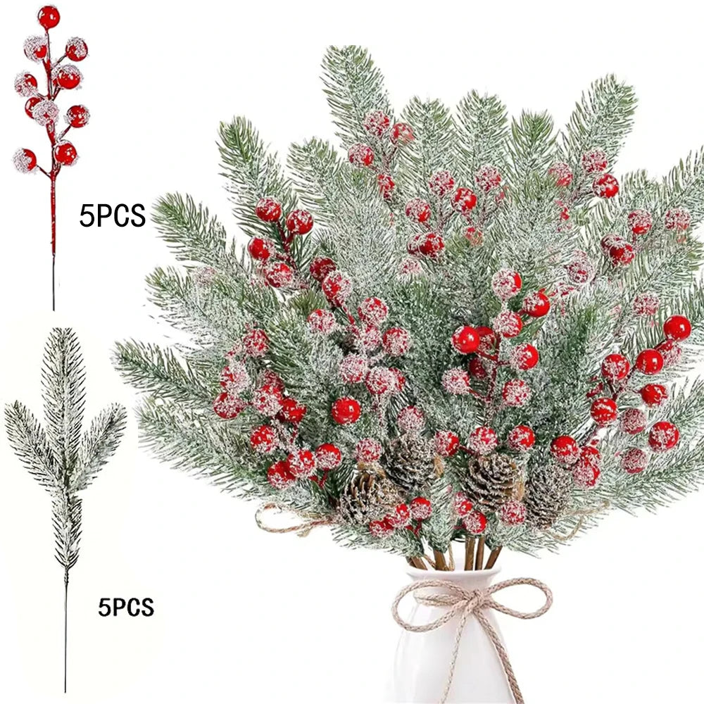 Snow White Artificial Pine Needle & Berry Bouquet – Christmas Decoration for Tree, Garland, Home Decor & DIY New Year Gift