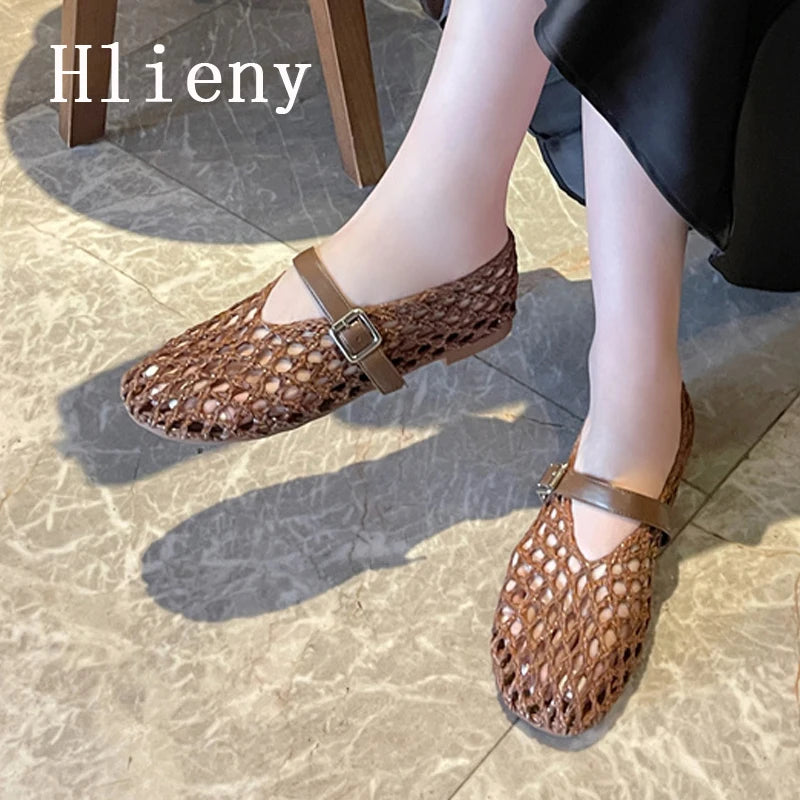 Hlieny Women’s Summer Mesh Flats – Hollow Weave Round Toe Loafers with Buckle Strap, Casual Mary Jane Mules Sandals