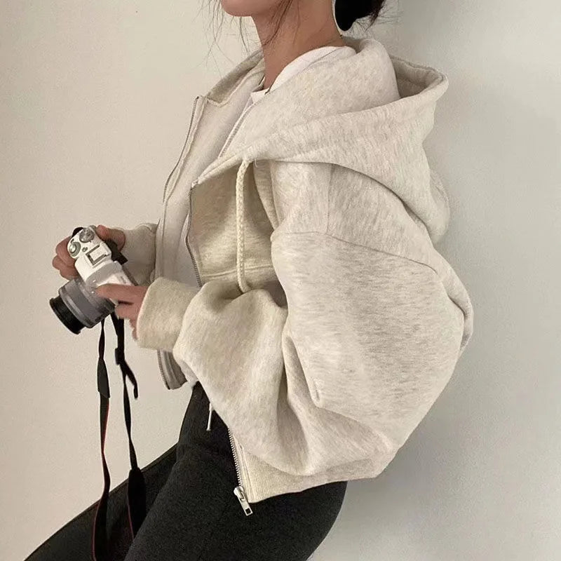 Women's Fleece-Lined Cropped Hoodie - Slim-Fit Zip-Up Sweatshirt for Warm Spring & Autumn Wear