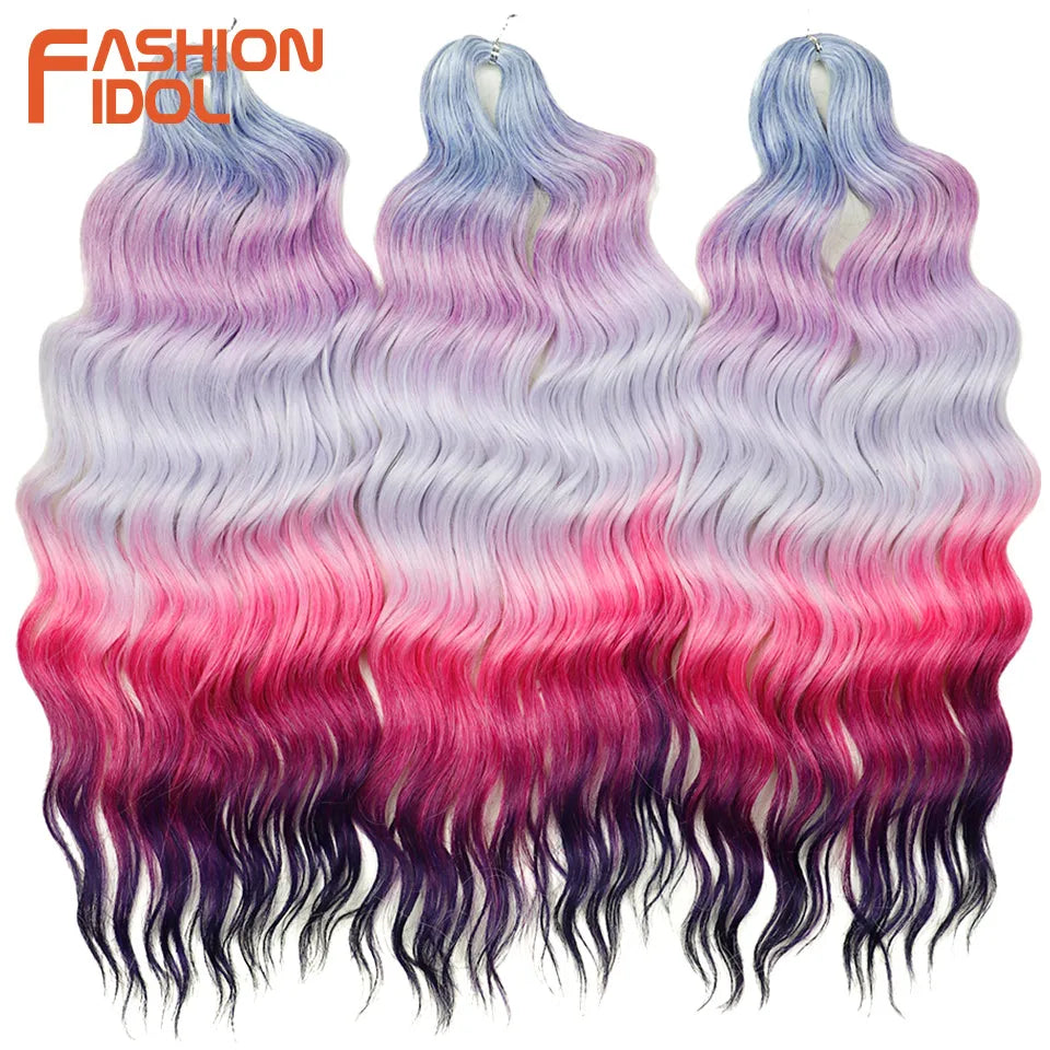 FASHION IDOL 24" Deep Wave Crochet Hair - 3-Piece Synthetic Water Wave Braiding Extensions, Ombre Rainbow Twist Hair
