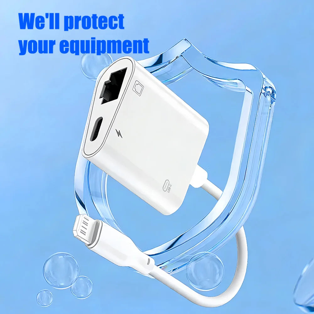 Lightning to RJ45 Ethernet Adapter 3-in-1 – Network Card Converter with Charging & Data Transfer for iPhone 14/13/12/11 Pro