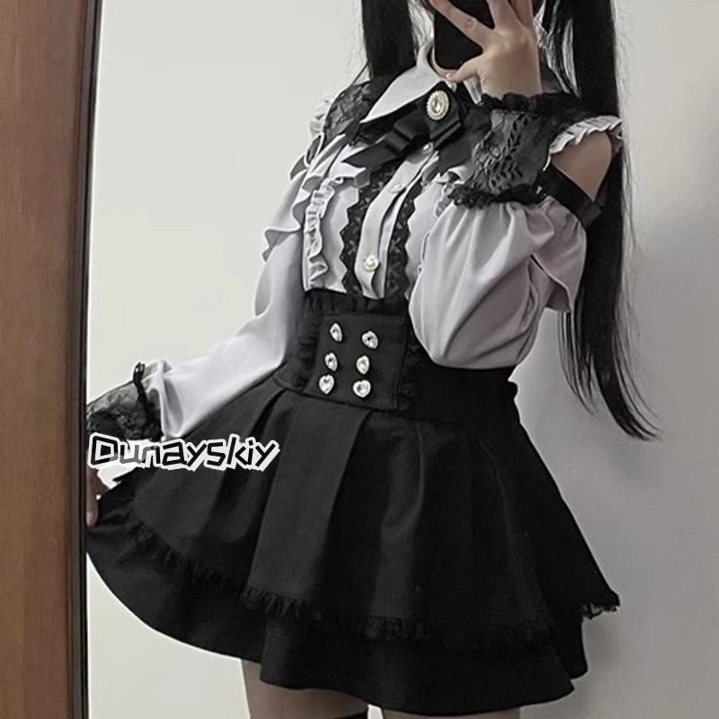 Jirai Kei Lolita Blouse Top β Y2K Sweet Japanese Style Long Shirt with Bow for Women, S-XL, 3 Colors
