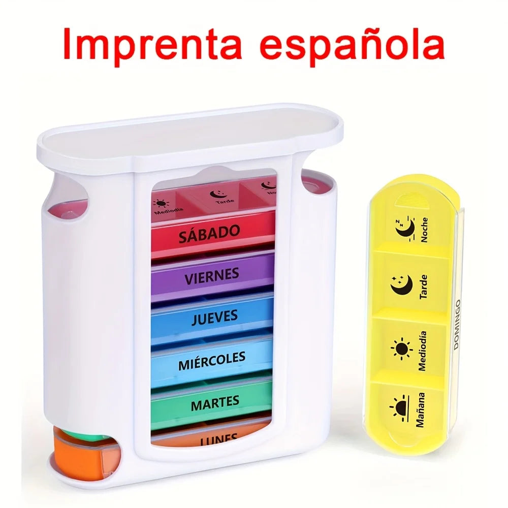 Weekly Pill Box 28 Compartments — 7-Day, 4-Dose Daily Pill Organizer with Spanish Printing