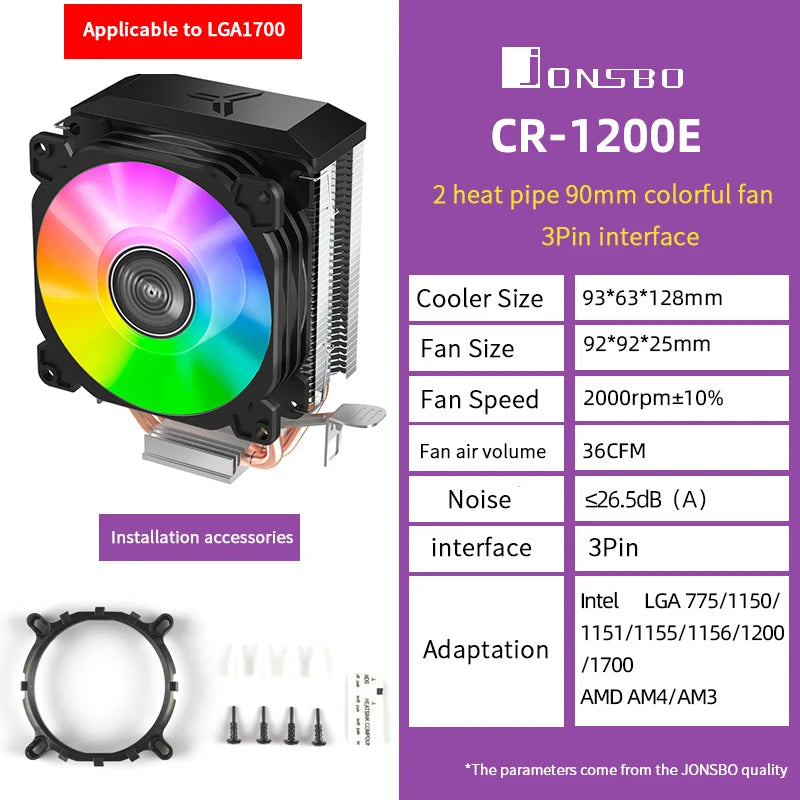 Jonsbo CR1200 RGB CPU Cooler — 2 Heat Pipe Tower with 9cm Colorful Fan for Intel LGA115X/775 & AMD AM4