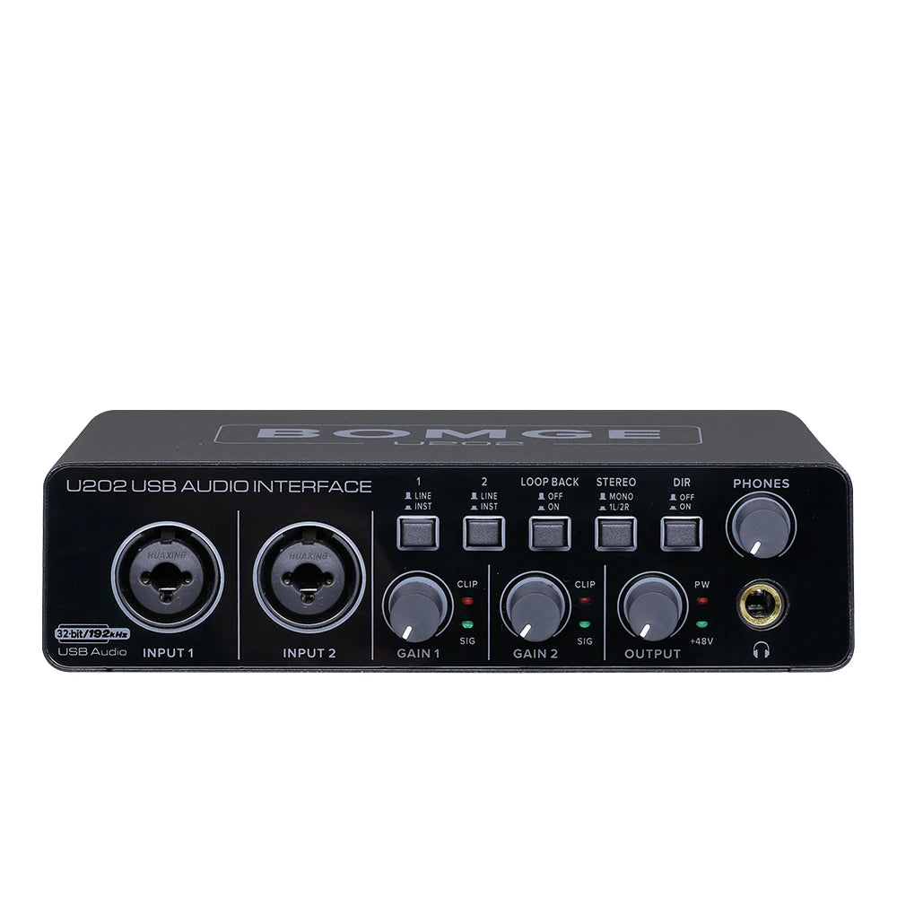 BOMGE U202 USB Audio Interface – Mic Preamplifier with XLR/TS/TRS Ports, 48V Phantom Power, 32-Bit/192kHz for Computer Recording & Streaming