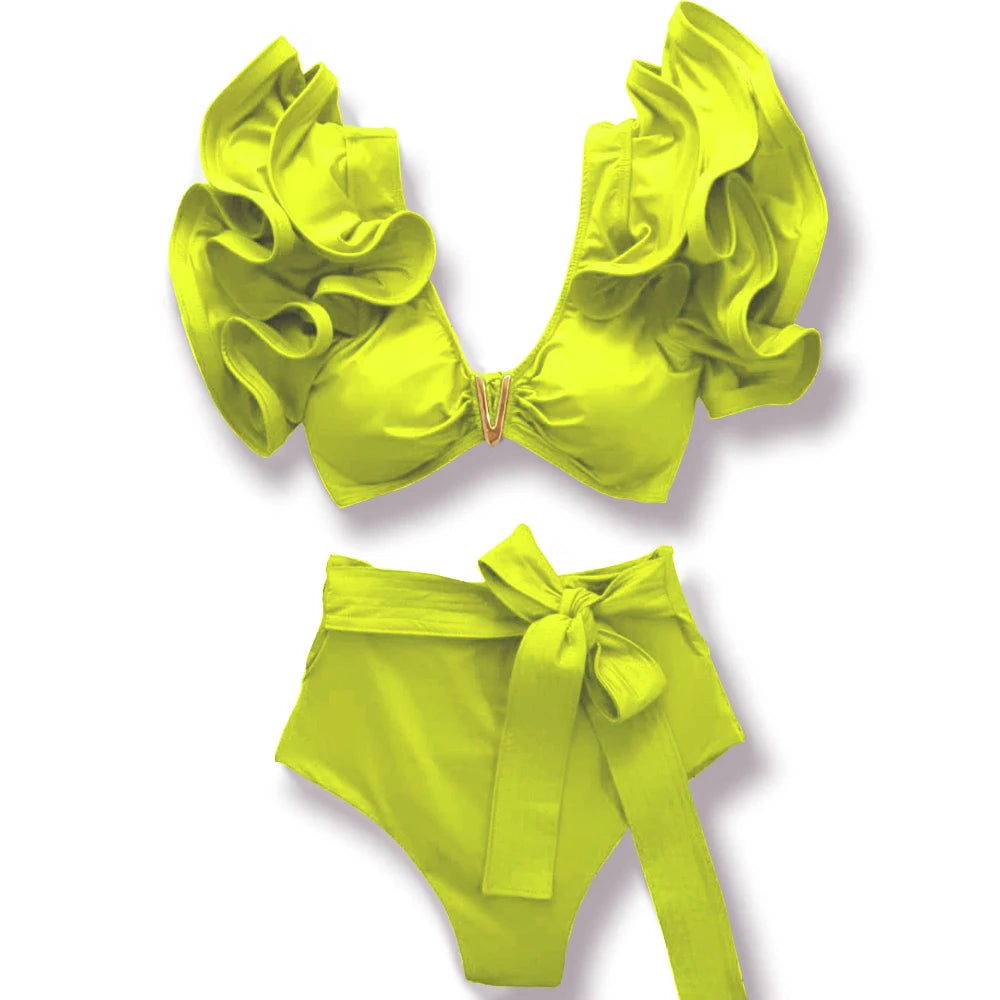 Sporlike V-Neck Ruffled Bikini Set – High Waist Sexy Printed Two-Piece Swimsuit for Women 2025
