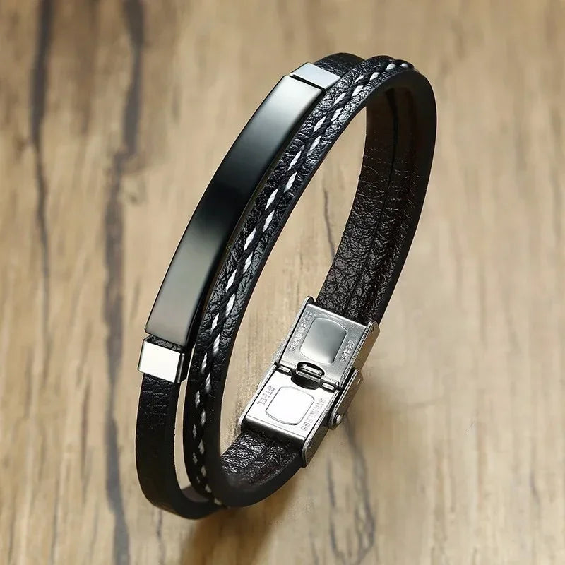 Delysia King 2021 Trendy Men's Leather Weave Bracelet - Leisure Color Contrast Stainless Steel Bangle