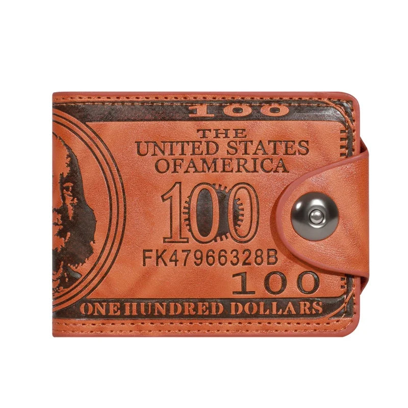 Men’s Leather Wallet with 100 Dollar Pattern — Large Capacity Card Holder Purse Bag