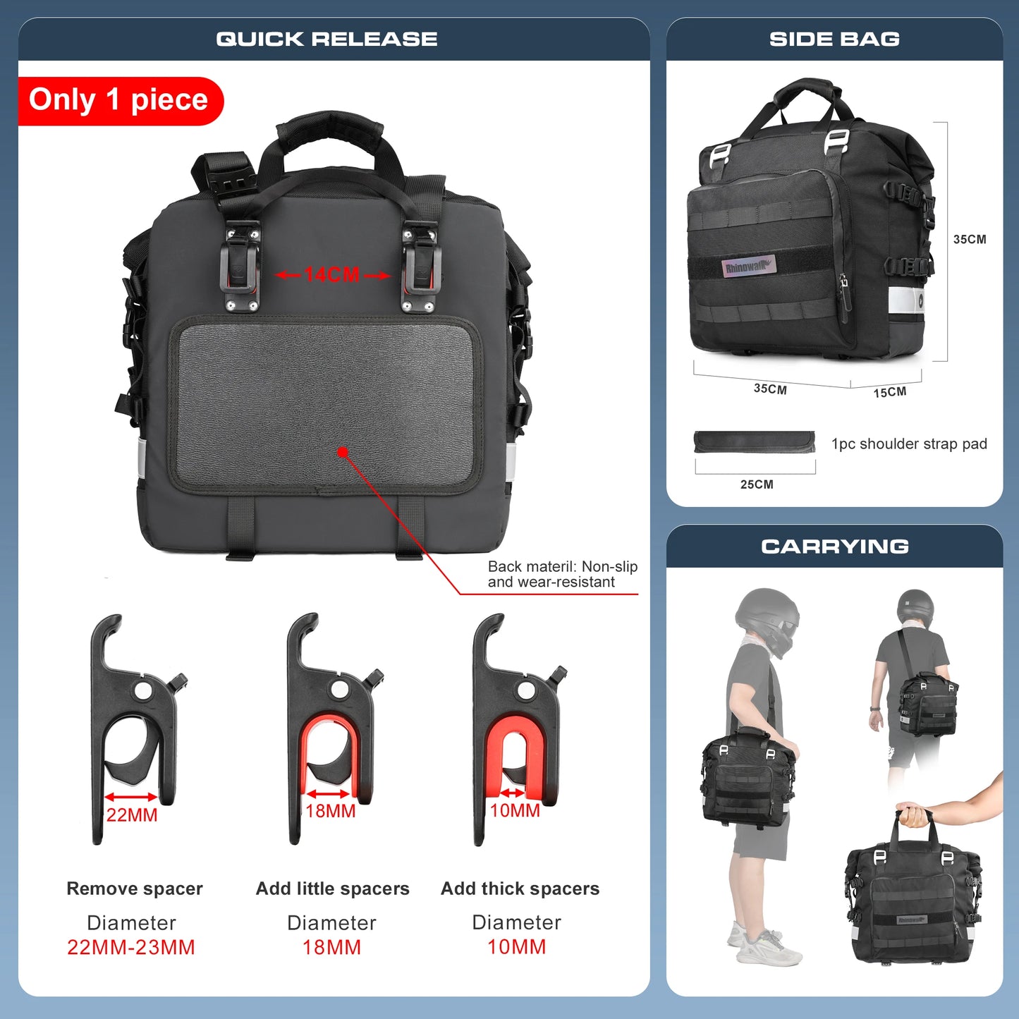Rhinowalk Motorcycle Saddlebag 20L-30L – Universal Side Bag with Removable 100% Waterproof Inner Liner for Travel Motorbike Luggage