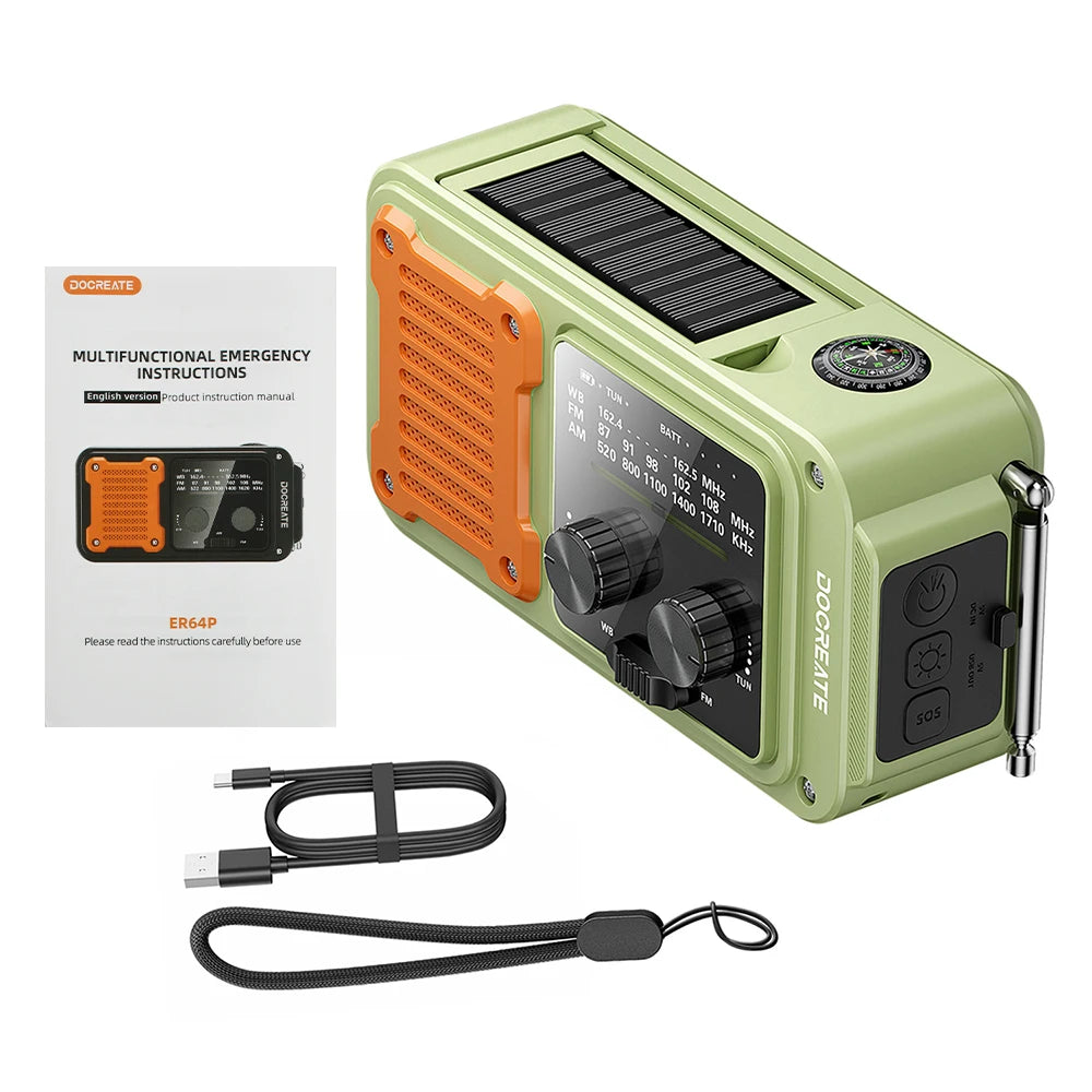 7-in-1 Emergency Radio - AM/FM/WB Portable Solar & Hand-Crank Survival Radio for Outdoor Use