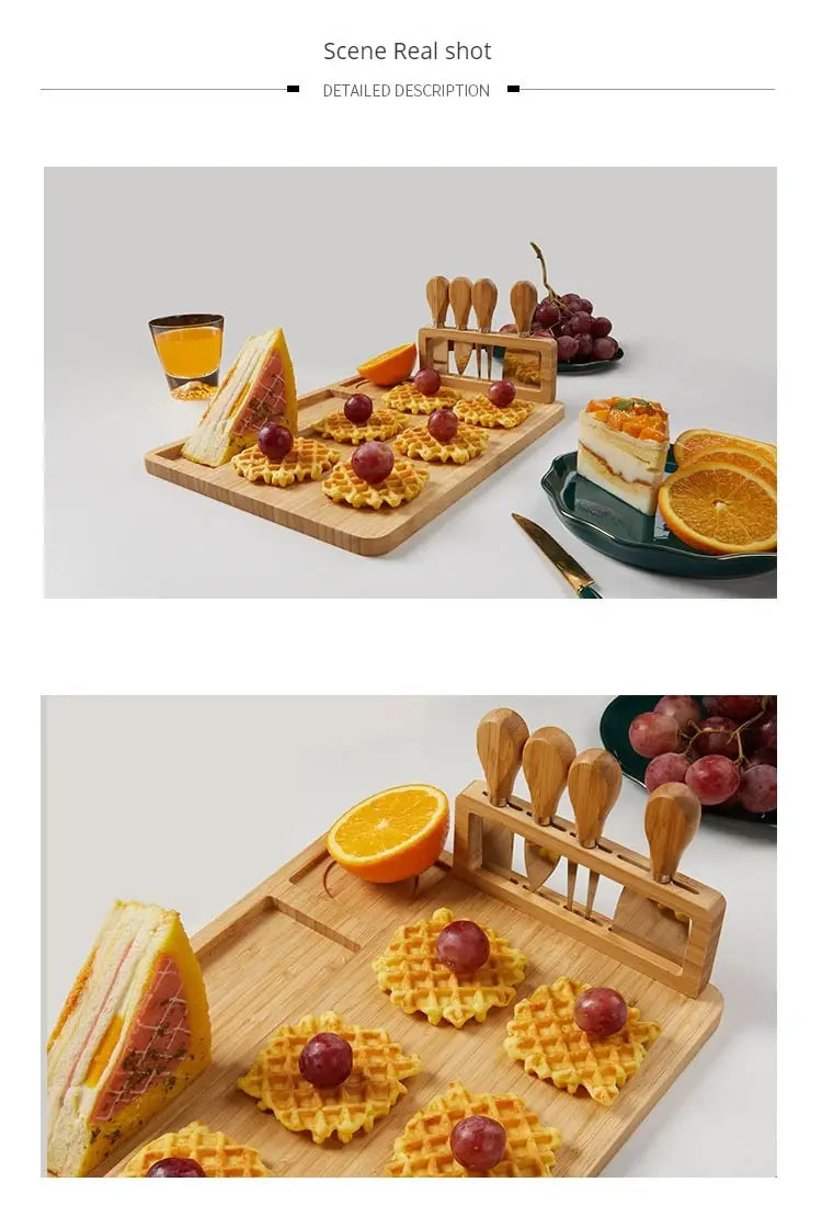 Bamboo Cheese Board Set – Square Wooden Board with Knife Holder, 4 Stainless Steel Knives & Dessert Plate