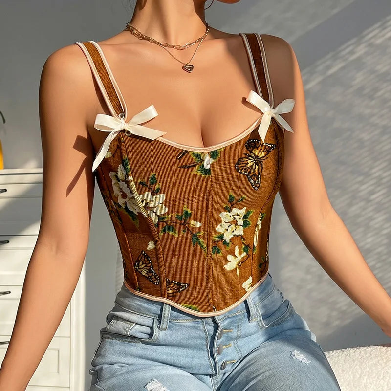 French Style Floral Corset Crop Cami β Bow Tie Lace-Up Spaghetti Strap Fitted Bustier Top for Women