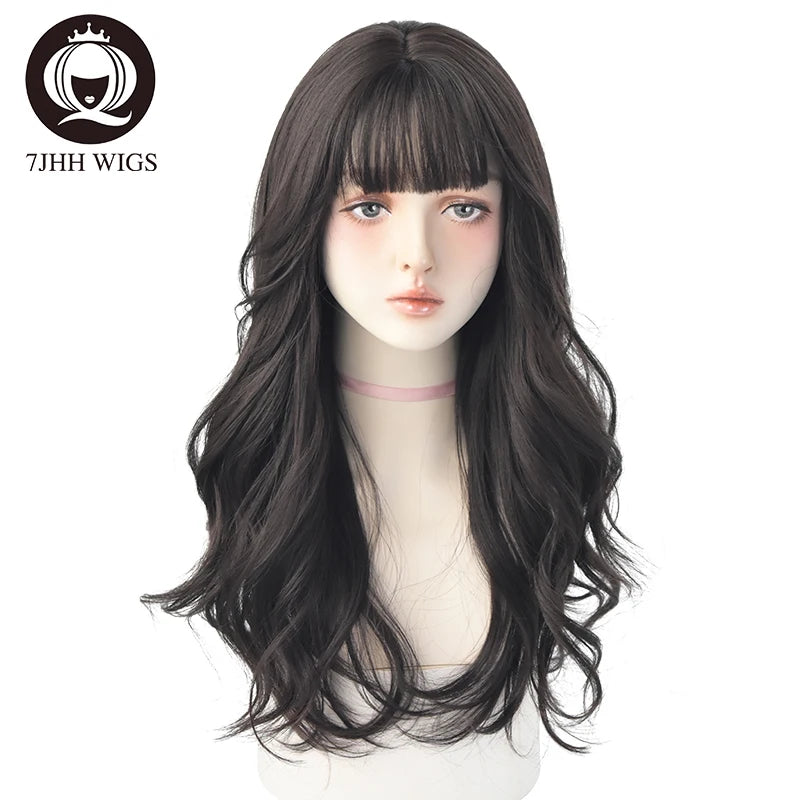 7JHH Brown Ash Long Deep Wave Lolita Wig for Women — Synthetic Hair with Bangs, Thick Curly Fashion Wig