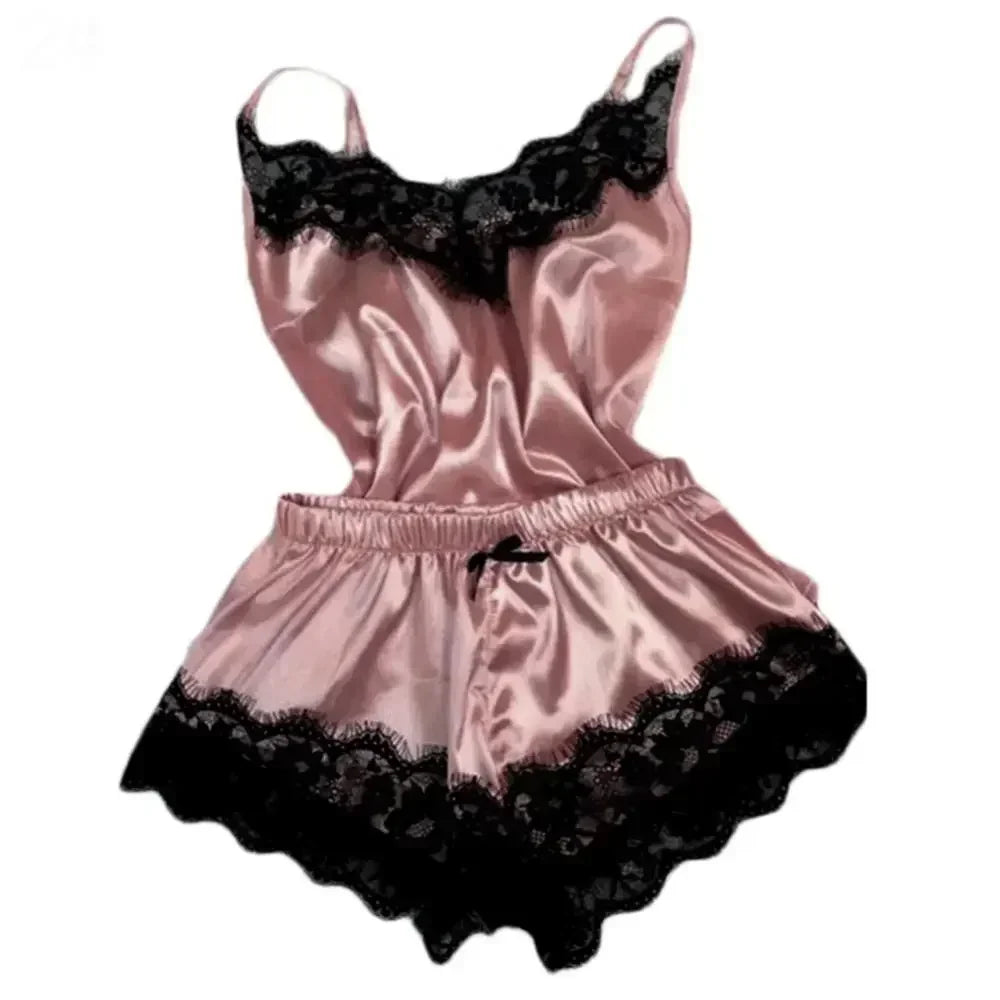 Women’s Summer Lace Silk Pajama Set – Sexy Cami Top & Shorts Sleepwear Lingerie Comfortable Soft Casual Nightwear Pijamas