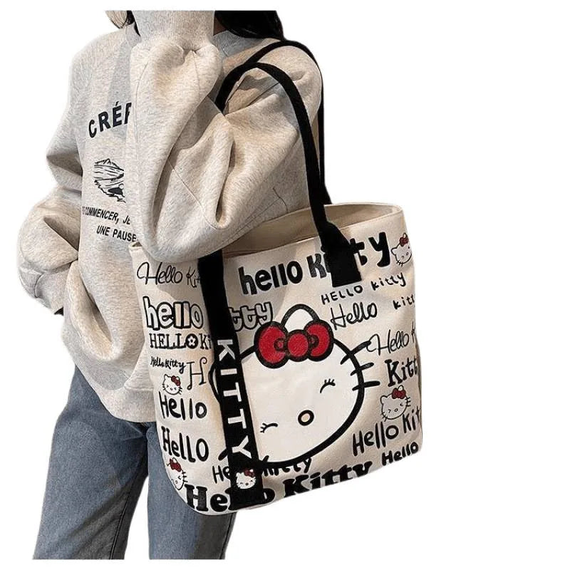 Kawaii Sanrio Hello Kitty Canvas Shoulder Bag – Large Capacity Cute Backpack Schoolbag Handbag Gift for Girls Birthday & Daily Use