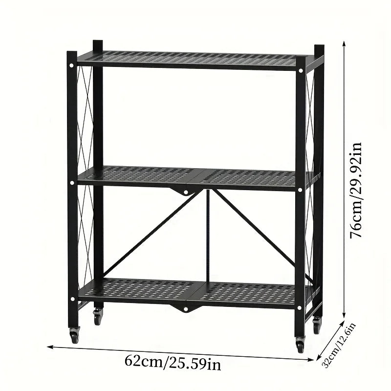 3/4/5-Tier Heavy-Duty Rolling Storage Shelf – Foldable Portable Iron Shelving Unit with Wheels for Home & Garage Organization