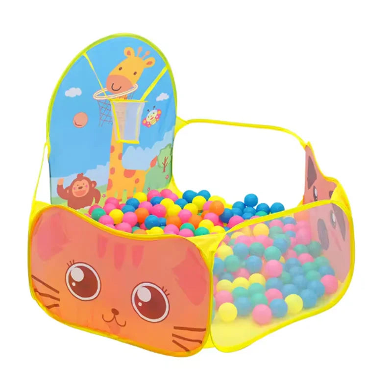 120cm Kids Cartoon Ball Pit Playpen with Basketball Hoop - Portable Foldable Baby Playground Tent for Indoor and Outdoor Play