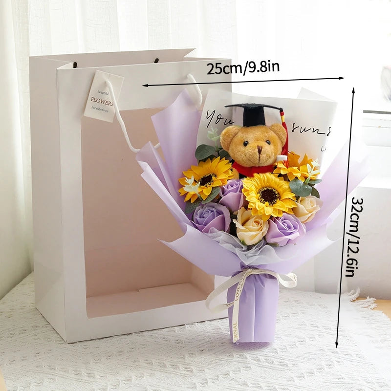 DIY Simulated Flower Bouquet – Crochet Sunflower Finished Product, Graduation, Doctoral, Valentine’s Day & Birthday Gift with Bear