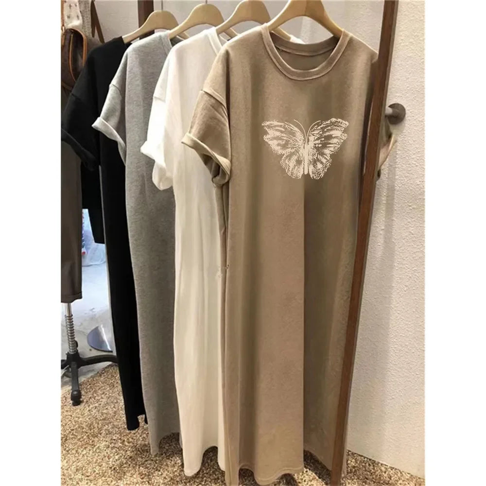 Women's Butterfly Print Summer Dress - Oversized Loose-Fit Short Sleeve Casual Dress