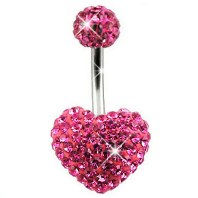 Pink Crown Belly Button Ring – Stainless Steel Heart Navel Piercing Barbell with Crystal for Women & Girls